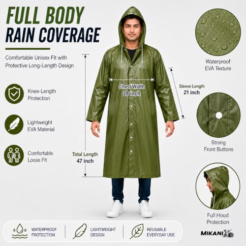 Image of MIKANIX Waterproof Hooded Raincoat for Men & Women | Full Length Reusable PVC Rain Wear | Lightweight Windproof Rain Jacket with Front Button Closure (Pack of 1)
