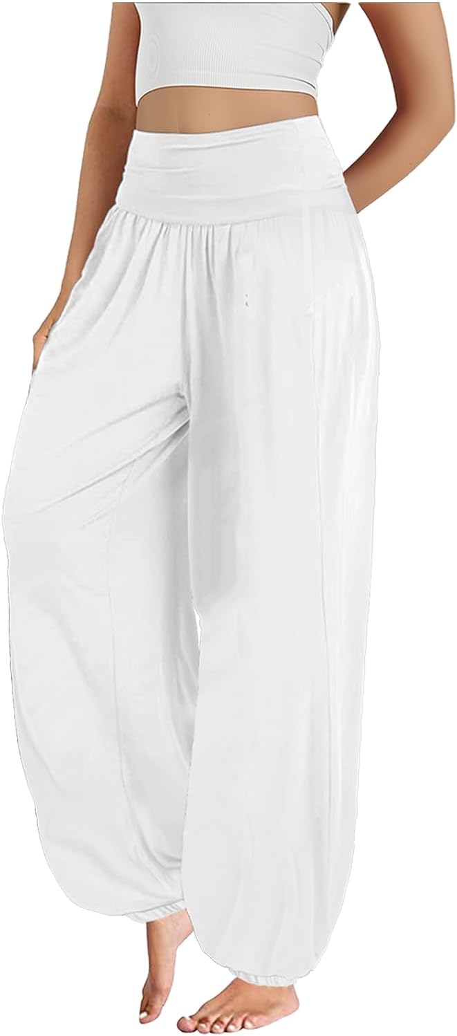 domirica Boho Pants for Women Blue Floral Loose Fit Comfy Plus Size Elastic Waist Flowy Wide Leg Cropped Palazzo Trousers