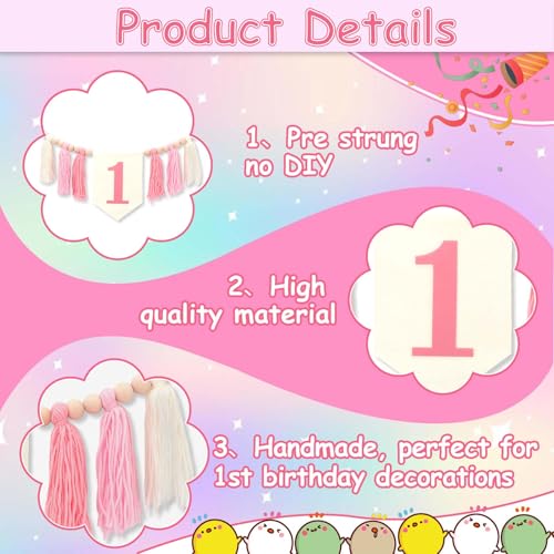 Image of One High Chair Banner for 1st Birthday Decoration Girls, Pink Tassel Banner for 1st Birthday Photo Backdrop Decor