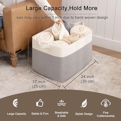 Image of OIAHOMY Extra Large Blanket Basket, 95L Cotton Rope Woven Laundry Basket, Toy Bin for Baby Room, Container for Blanket Storage in Living Room, 24''x17''x14'', Grey & White