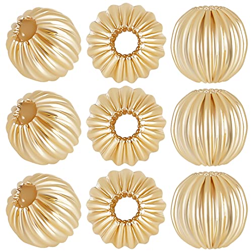 Beebeecraft 100 unidades/caja de cuentas redondas intermedias de latón chapado en oro de 14 quilates, perlas sueltas onduladas de 6 mm para fabricación de joyas, cuentas para manualidades, pulseras