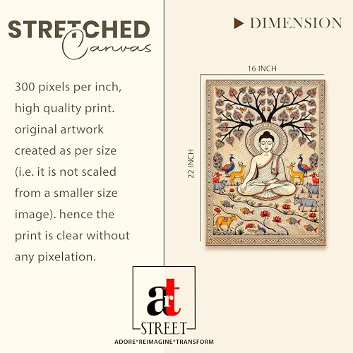 Image of PAINTINGMANTRA Madhubani Buddha Painting for Living Room, Buddha wall Art Painting for living room, Bedroom, office and Home, Canvas, 16x22 Inch