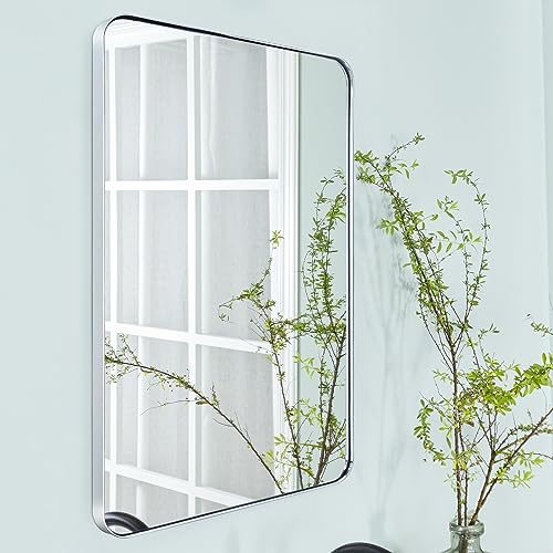 TEHOME 20x30'' Chrome Rounded Rectangle Bathroom Mirror Polished Nickel 30 x 20 inch Metal Framed Rectangular Vanity Mirror