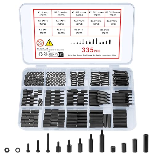 335 Stück M2,5 Nylon Schrauben Muttern Set, Schwarz Nylon Abstandshalter Schraubenmuttern, Männlichen Weiblichen PCB Platinen Abstandshalter Kunststoff Kreuzschlitzschrauben Sortiment Kit
