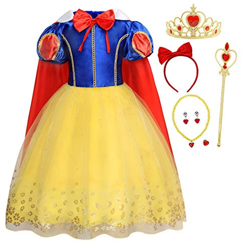 HenzWorld Girls Snow White Dresses Princess Costume Cape Role Pretend Birthday Party Queen Halloween Cosplay Puff Sleeve Long Outfits Red Bow Headband Jewelry Accessories Little Kids 3-4 Years