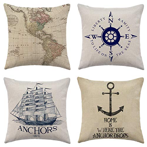 WFLOSUNVE Nautical Beach Decorative Throw Pillow Covers 18"x 18" Set of 4, Faux Linen Ocean Navigation Compass/Map/Ship/Anchor Cushion Cases, Sea Theme Coastal Pillowcases for Couch and Sofa