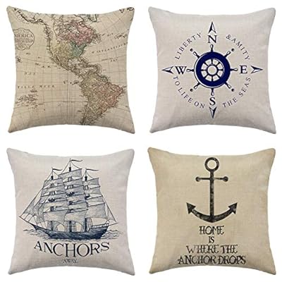 WFLOSUNVE Nautical Beach Decorative Throw Pillow Covers 18"x 18" Set of 4, Faux Linen Ocean Navigation Compass/Map/Ship/Anchor Cushion Cases, Sea Theme Coastal Pillowcases for Couch and Sofa 51WSZcCcm7L. SS400