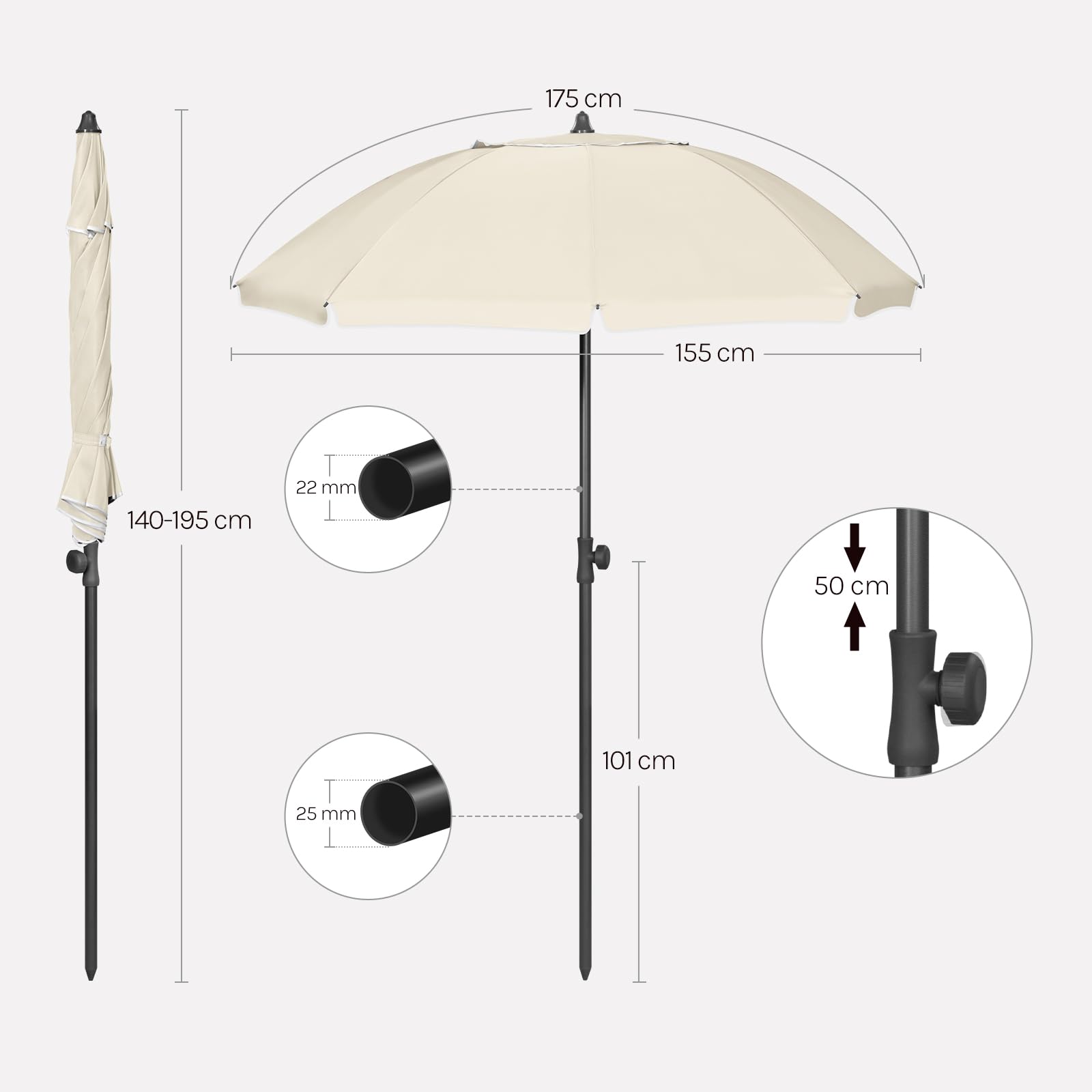 WOLTU Sonnenschirm Balkon φ155cm, UV-Schutz Strandschirm UPF 50+, Höhenverstellbar und Knickbar, Tragbar mit Tragetasche, Belüfteter Rundschirm für Balkon Garten Strand, Beige