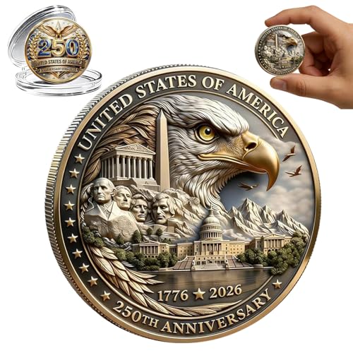 USA 250th Anniversary Challenge Coin 1776-2026 3D America 250 Merchandise for Patriotic Celebration 4th of July Independence Day Gifts for Veterans & History Lover