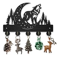 MAYJOYDIY Wolf Coat Rack, 30x20cm, Wooden Wall Mounted Key Holder with 5 Hooks, Moon Design, Forest Wildlife Art Decor for Entryway, Bedroom, Office