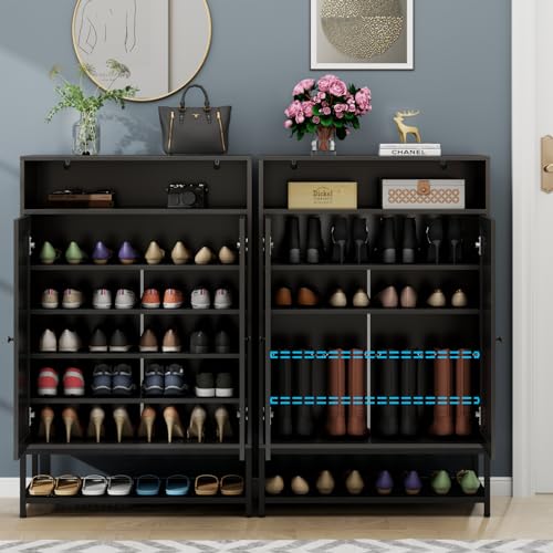 Image of Gyfimoie Rattan Shoe Organizer with Doors, Shoe Storage Cabinet with Adjustable Shelves for Entryway, 7-Tier Entryway Shoe Rack Storage for Hallway, Closet, Living Room