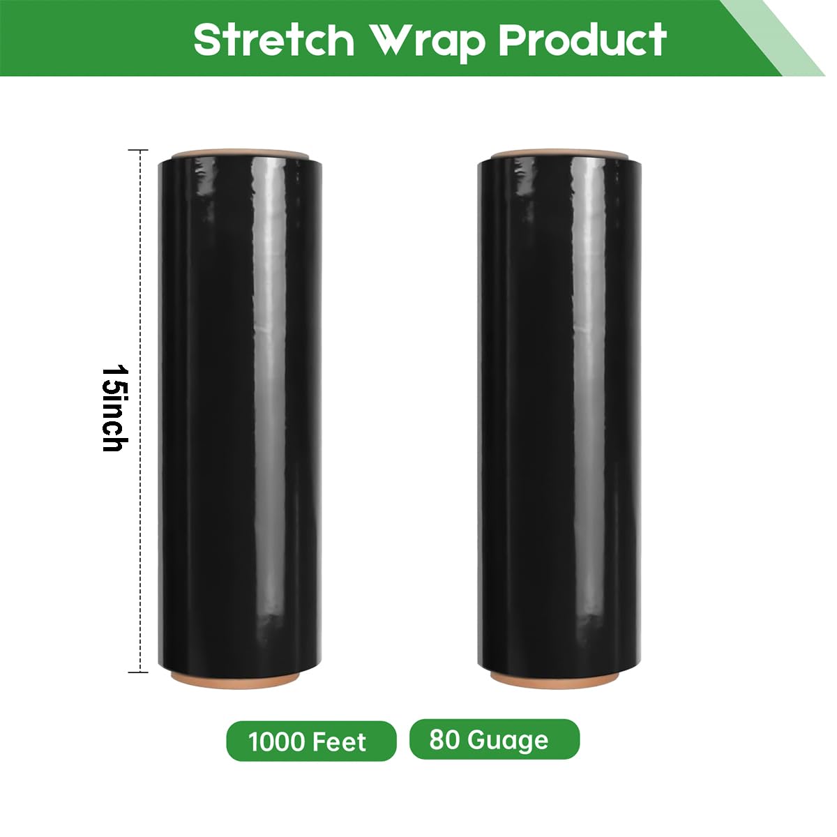 Pellicola estensibile nera per traslochi e imballaggi, 38,1 cm x 304,4 m, pellicola in plastica di protezione ad alta resistenza, 60 gauge (15μm) (4 rolle)