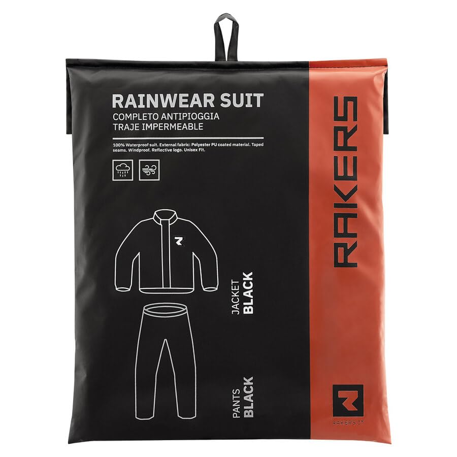 Rakers Completo Antipioggia Uomo Donna (Giacca + Pantalone) | Impermeabile | Antivento e Traspirante | Leggero e Compatto con Loghi Riflettenti (Nero, L)