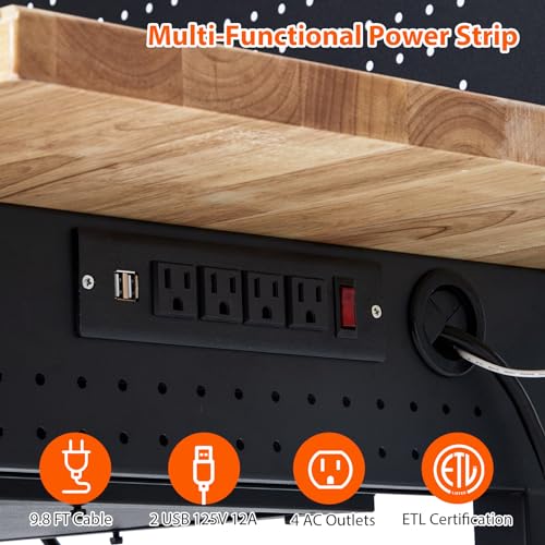 60" Adjustable Height Workbench, Rubber Wood Tabletop Workbench with Pegboard, Storage Drawers, Rolling Work Table with Wheels, Power Outlet, 2000lbs Capacity, Garage Workbench for Workshop
