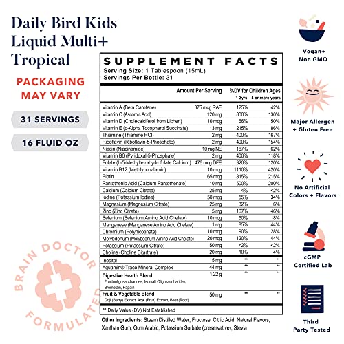 Daily Bird Liquid Multivitamins For Kids, Methylfolate, Methylated Vitamins, Natural Whole Food Blend Vitamin, Vegan, Gluten Free, Non Gmo, Bonus Immune Boosting Tips ($29.95), Tropical, 16 Oz #TOP1