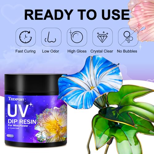Image of Teexpert UV Dip Resin for Wire Flowers, 2 Pack 100g Each (200g Total), Crystal Clear Thick Formula, Fast Cure UV Resin for DIY Jewelry, Crafts & Floral Design