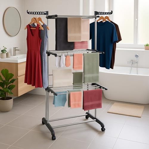 Relaxdays Wäscheständer Turm, ausklappbare Flügel, HBT: 179 x 126 x 63,5 cm, Metall, rollbarer Turmwäscheständer, grau – Bild 2