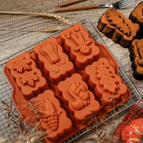 Silicone Harvest Mini Loaf Pan, Fall Rectangular Silicone Mold 6-Cavity Autumn Silicone Mold Thanksgiving Mini Loaf Pan for Baking
