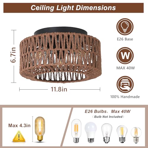 PAUFUL Boho Light Fixture，3-Light Farmhouse Rattan Light Fixtures Ceiling Mount，Flush Mount Ceiling Light with Hand-Woven Shade，Modern Chandelier for Living Bedroom Entryway Kitchen Nursery by PAUFUL - Image 4
