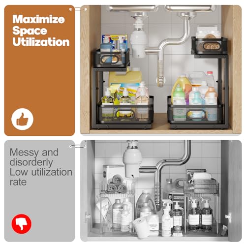 Image of 2 Pack 15.7IN-Depth Under Sink Organizer With Smooth Cylindrical Rail,2-Tier Pull Out Multi-Purpose Cabinet Storage for Bathroom&Kitchen,Height Adjustable,Rust-resistant Coating-Black