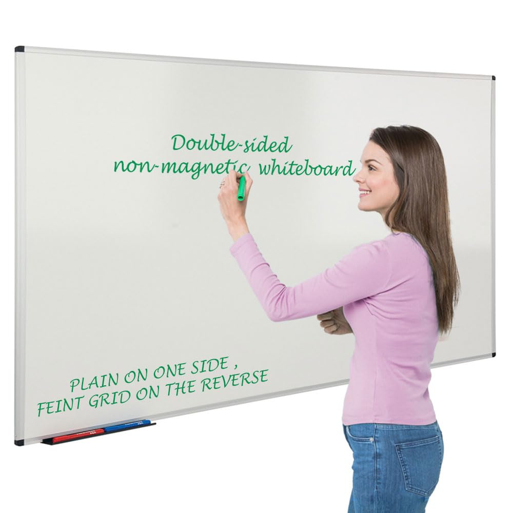 Aluminium Frame Whiteboard, Non-Magnetic Dry-Wipe Surface, 120 x 150 cm, Feint Grid on one Side Supports Writing, Clip-on Pentray - Ideal for Office, School, Healthcare, Office