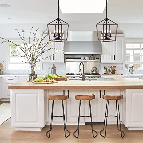 Image of JONATHAN Y Oria 4-Light Lantern Pendant 13 inch, Oil Rubbed Bronze /Faux Wood | Metal Cage Chandelier, Adjustable Downrod, Kitchen Island Foyer Entry Lighting, LED Bulbs Included