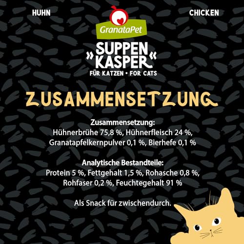 GranataPet Suppenkasper Huhn, Snack für Katzen, Suppe gegen den kleinen Hunger, Leckerchen für extra Flüssigkeitszufuhr, Katzenfutter ohne Getreide & ohne Zuckerzusätze, 12 x 70 g