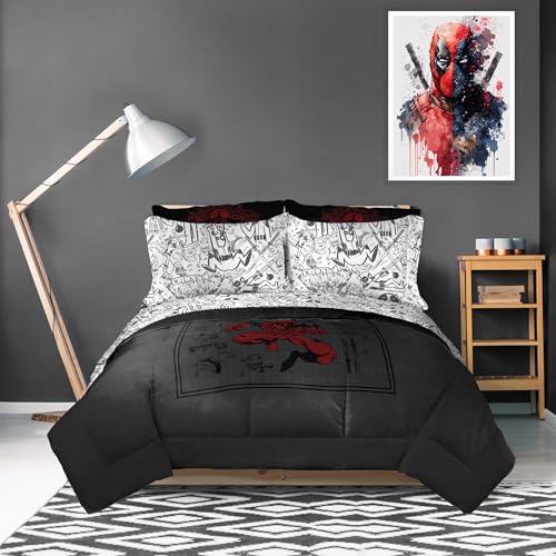 Image of Marvel Deadpool Twin Comforter Set 5 Piece Soft Bedding for Boys, Gray | Bed in a Bag, Comforter Sheets Sham Pillowcase, Official Product, Soft Microfiber, Machine Washable, Boys Gift