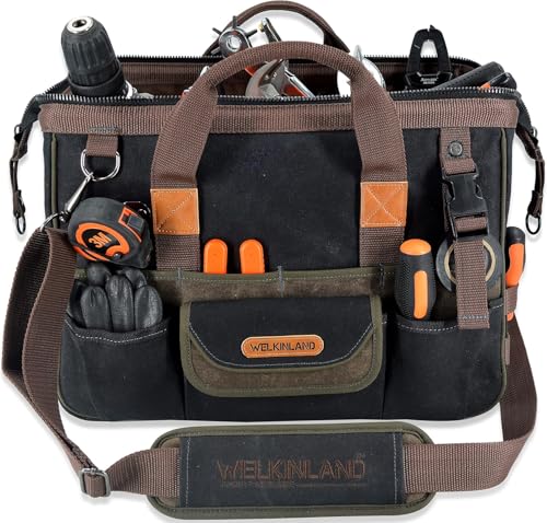 WELKINLAND Werkzeugtasche aus gewachstem Segeltuch mit 32 Taschen, robuste Elektriker- und HVAC-Organizer, 40,6 cm Werkzeugtasche für Herren