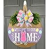 Easter welcome wreath sign decorations easter bunny hanging sign for front door wooden door wreath with bow for holiday rustic farmhouse outdoor wall window decor multicolor  urban country home decor