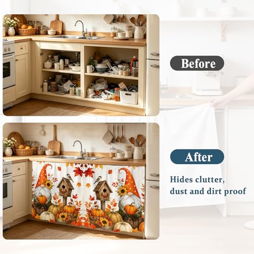 Kitchen Cabinet Curtains Gnomes Pumpkins Fall Sink Skirt for Bathroom Thanksgiving Leaves Floral Wooden Dishwasher Curtain Cover Under Desk Curtain Skirt Drape for Classroom Laundry Closet 35"x35" - Image 5