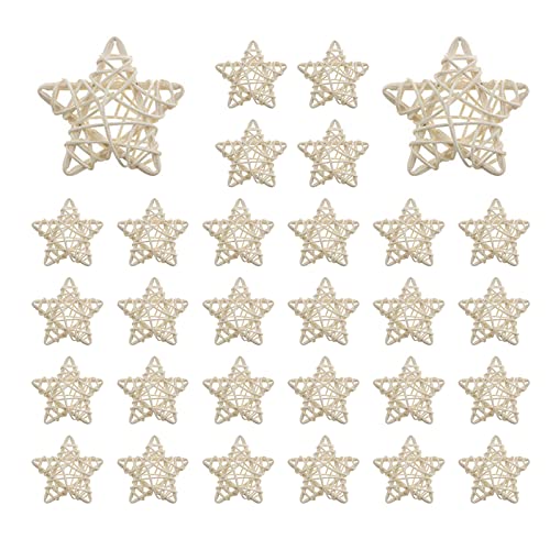 LAHONI 30 Pieces 2.4 Inch Natural Rattan Stars Mini Star Shaped Wicker Rattan Ball White Hanging Balls Ornaments for Vase Filler, DIY Craft, Wedding, Christmas Tree, Party Decorations
