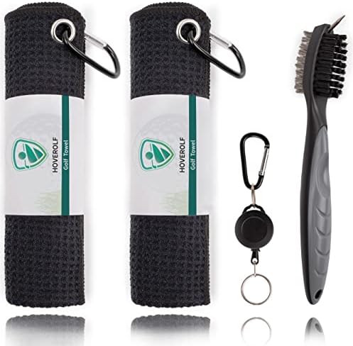 Hoverolf Golf Towel (16" X 16") with Golf Club Brush, Soft & Absorbent Microfiber Towel, Thick Trifold Waffle Pattern Golf Towels for Golf Bags for Men, Convenient to Attach & Clean-Off Dirty Club