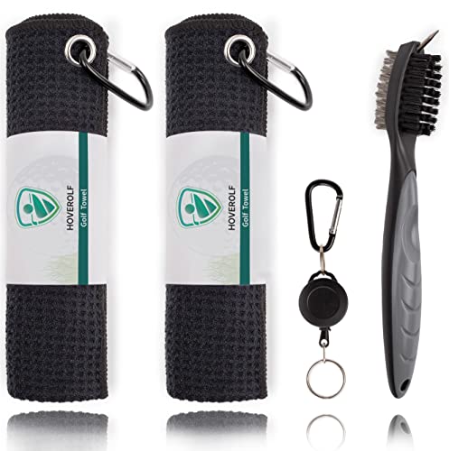 Hoverolf Golf Towel (16" X 16") With Golf Club Brush, Soft & Absorbent Microfiber Towel, Thick Trifold Waffle Pattern Golf Towels For Golf Bags For Men, Convenient To Attach & Clean-Off Dirty Club #TOP2