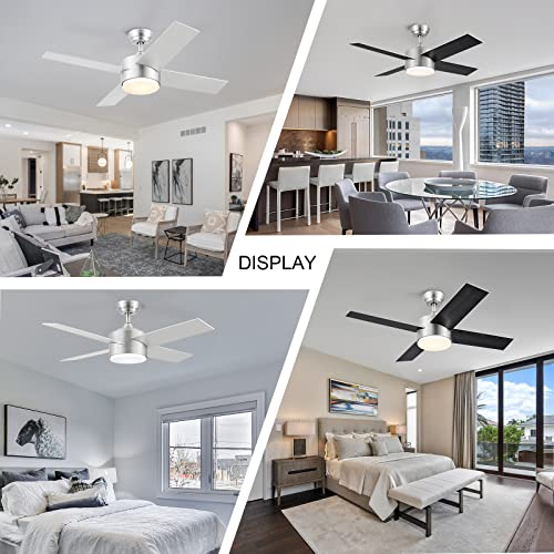 Snj 44 Inch Brushed Nickel And Black Ceiling Fans With Lights And Remote, Low Profile, Modern, Ceiling Fan, Bedroom, Indoor, Outdoor, Home, Fandelier, Led, Dimmable, Quiet Reversible #TOP3