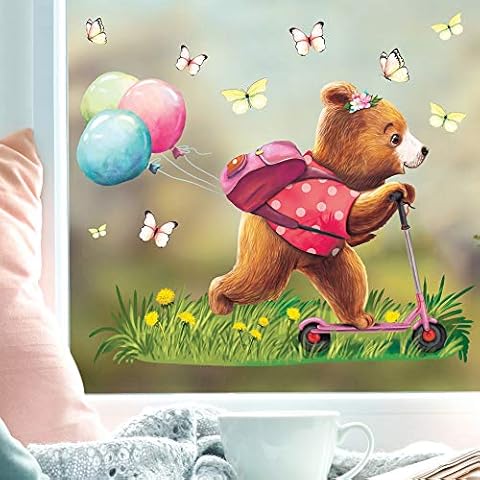 Wandtattoo Loft Fensterbild Frühling Ostern wiederverwendbar Fensteraufkleber Kinderzimmer / 4. Bär Mädchen Roller (13037) / 1. DIN A4 Bogen Cover