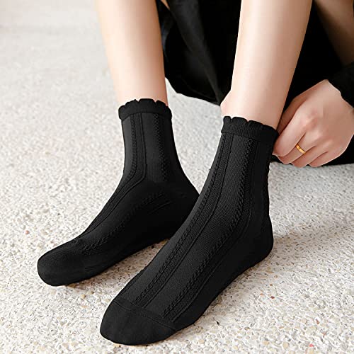 zrylibya Women's 4 Pairs Crochet Textured Ankle Socks Scalloped Pointelle Solid Color Basic Casual Crew Sock Size 5-93