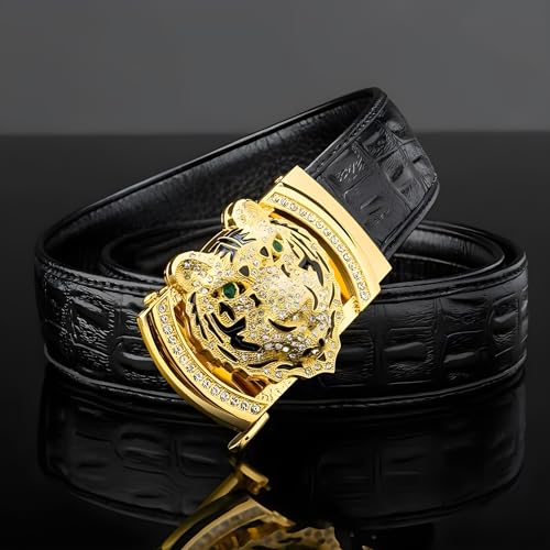 Luxury Men's Belts Gold Tiger Head Automatic Buckle Alloy, PU Leather Men Waist Strap, Slide Easier Adjustable Belt, Cut To Fit, Men Dress Casual Ratchet Belt (49in)2