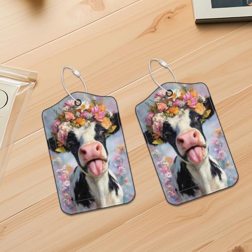Image of Flower Crown Cow Luggage Tags 2 Pack, PU Leather Privacy Flap
