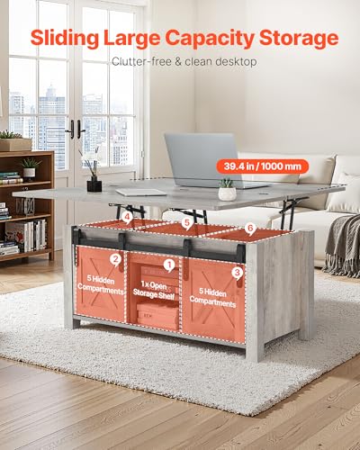 Image of VEVOR 39.4 in Farmhouse Lift Top Coffee Table, Rustic Center Table with Barn Door and Hidden Storage Compartment, Modern Rectangle Lifting Tabletop for Living Room, Office, Home, Easy Assembly, Oak