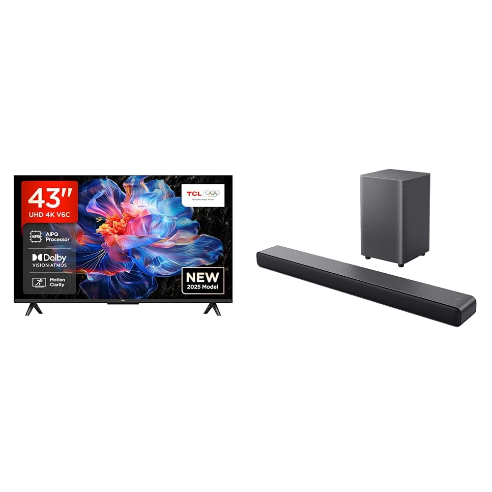 TCL Bundle of 43V6C Direct LED Smart TV, 4K HDR, Google TV (Dolby Audio, Motion Clarity) Dolby Atmos 2.1 Channel S55HE Soundbar, 220W MAX Power with Dual Bass System, Wireless Subwoofer