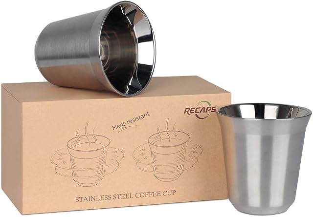 RECAPS Stainless Steel Espresso Cups 2 Pack Set Double Wall Insulated Demitasse Cups 170ml