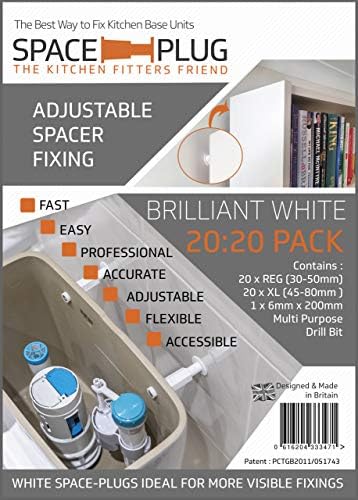 Space-Plug Adjustable Spacer Fixings, 40 Pack of White Spacers, (20 Regular Size for 30-50mm Gaps, 20 XL Size for 45-80mm Gaps), Professional & DIY use for Kitchen, Bedroom & Bathroom installations
