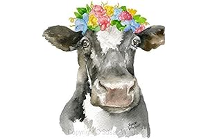 Black and White Cow Floral Crown Watercolor Print