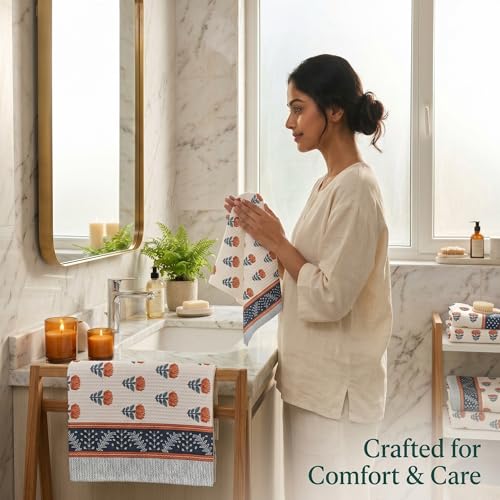 Image of Mafatlal Madhuban Waffle Weave Cotton Set (1 Bath 147x76 cm + 2 Hand 76x38 cm) | 250 GSM | Hand Printed Floral | Cranberry Color