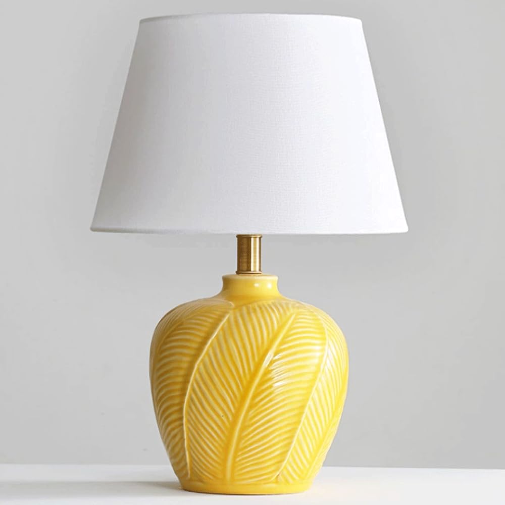 SANBDDLYY Hand-Carved Banana Leaf Table Lamp - Elegant Bedside White Linen Drum Shade for Bedroom & Living Room
