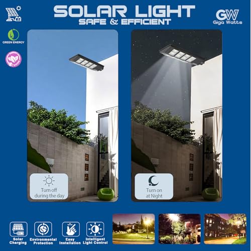 Image of Gigawatts 640 LED 250W Solar Street Light with Remote Control High Power 25Ah Battery Inbuilt 29W Solar Panel IP65 Water Resistant Outdoor Lamp for Wall Pathway Garden and Patio (1Pc, Cool White)