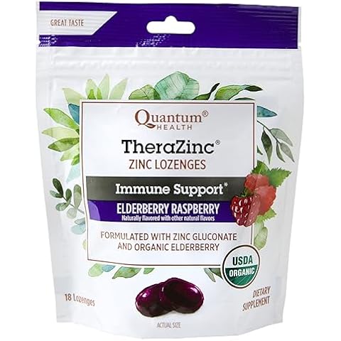 Quantum Health TheraZinc Organic Zinc Lozenges Elderberry Sambucus Raspberry & Honey Immune Support for Adults & Kids 12+ Naturally Flavored Fast Relief with No Aftertaste -18 Count (Package may vary) Cover