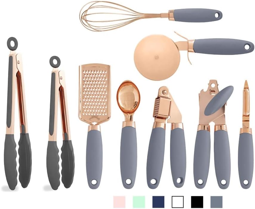 COOK With COLOR Kitchen Gadget Bundle Copper Coated Stainless Steel Utensils with Soft Touch Grey Handles