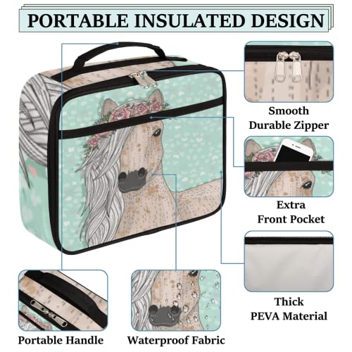 Horse Flower Kids Lunch Box Horse Floral Insulated Lunch Bag For Boys Girls Reusable Food Container Tote Cooler Warm Pouch For School Work Office Beach #TOP2